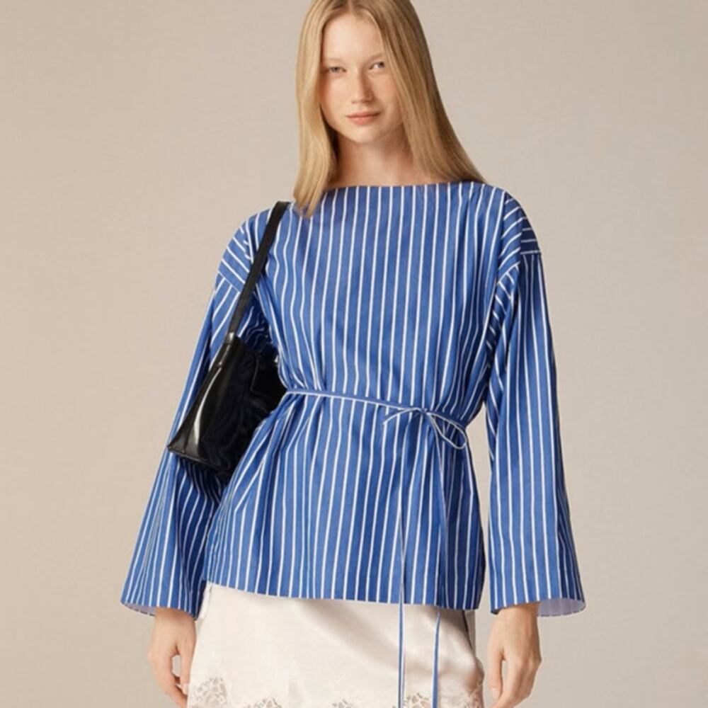 J.Crew Ciel Top WMNS XS Deep Sea Stripe Poplin Waist Tie Side Button Long Sleeve